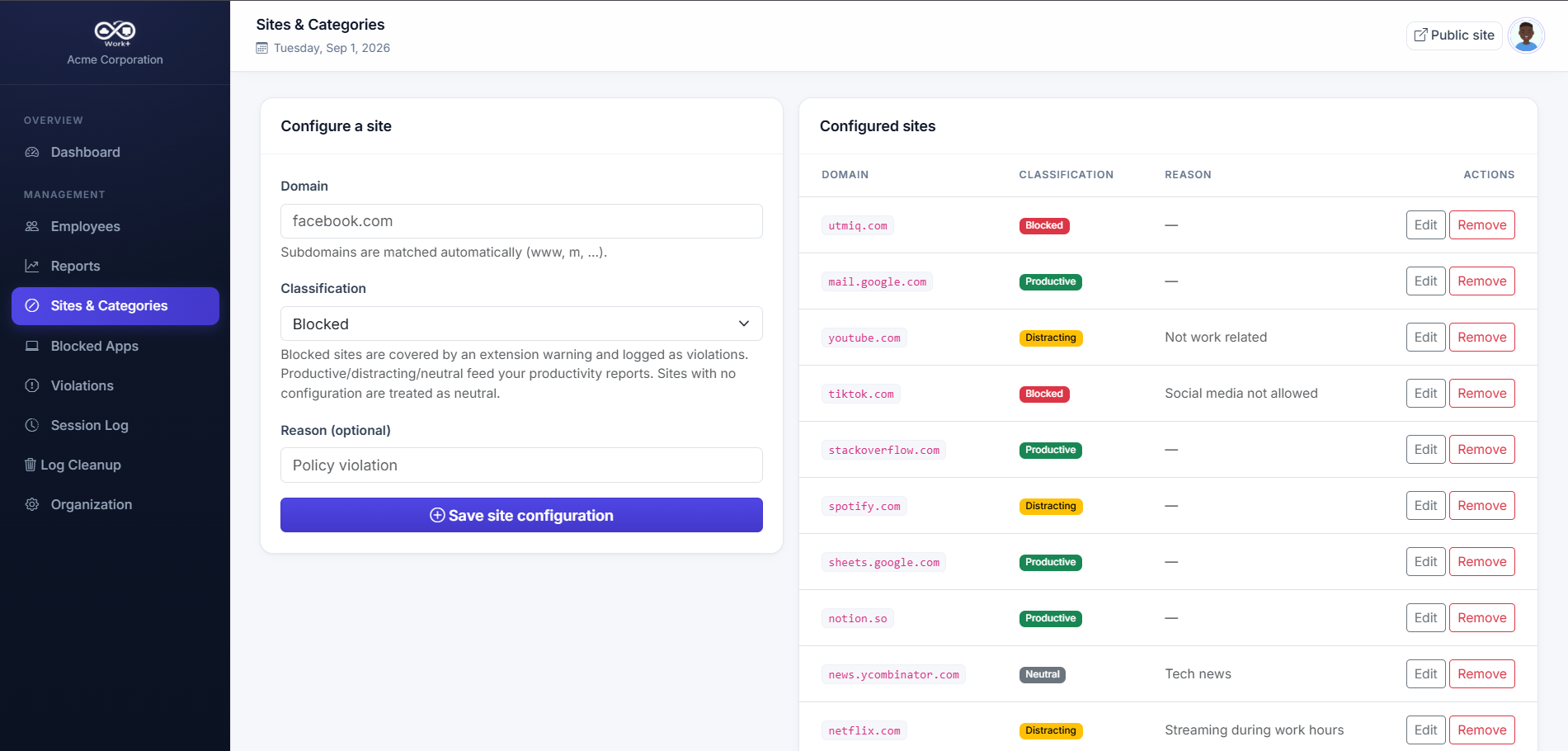 Work+ blocked sites configuration showing website policy controls for blocking distracting domains